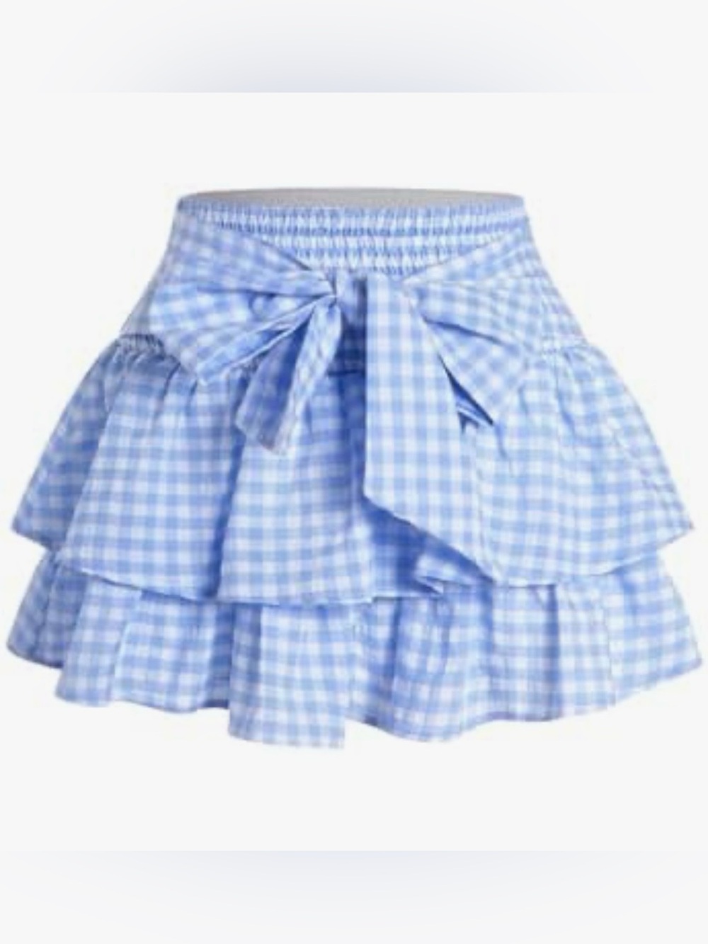 : BEAUDRM Gingham Ruffle Mini Skirt Blue White Bow Accent Size S